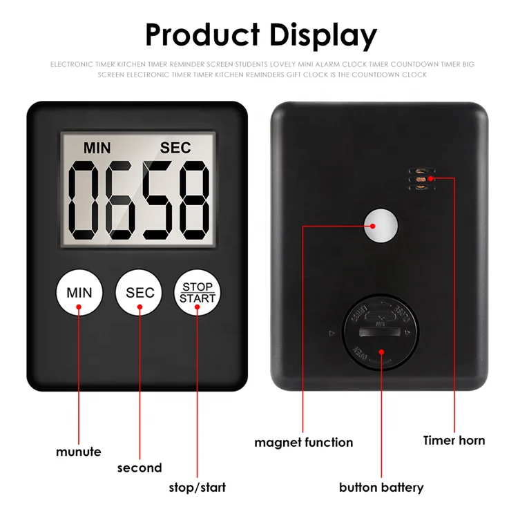 LCD Digital Screen Kitchen Timer Square Cooking Count Up Countdown Alarm Clock With Magnet