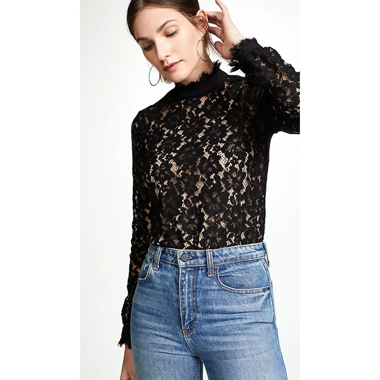 Autumn ladies long sleeves blouses tops black lace blouses shirts