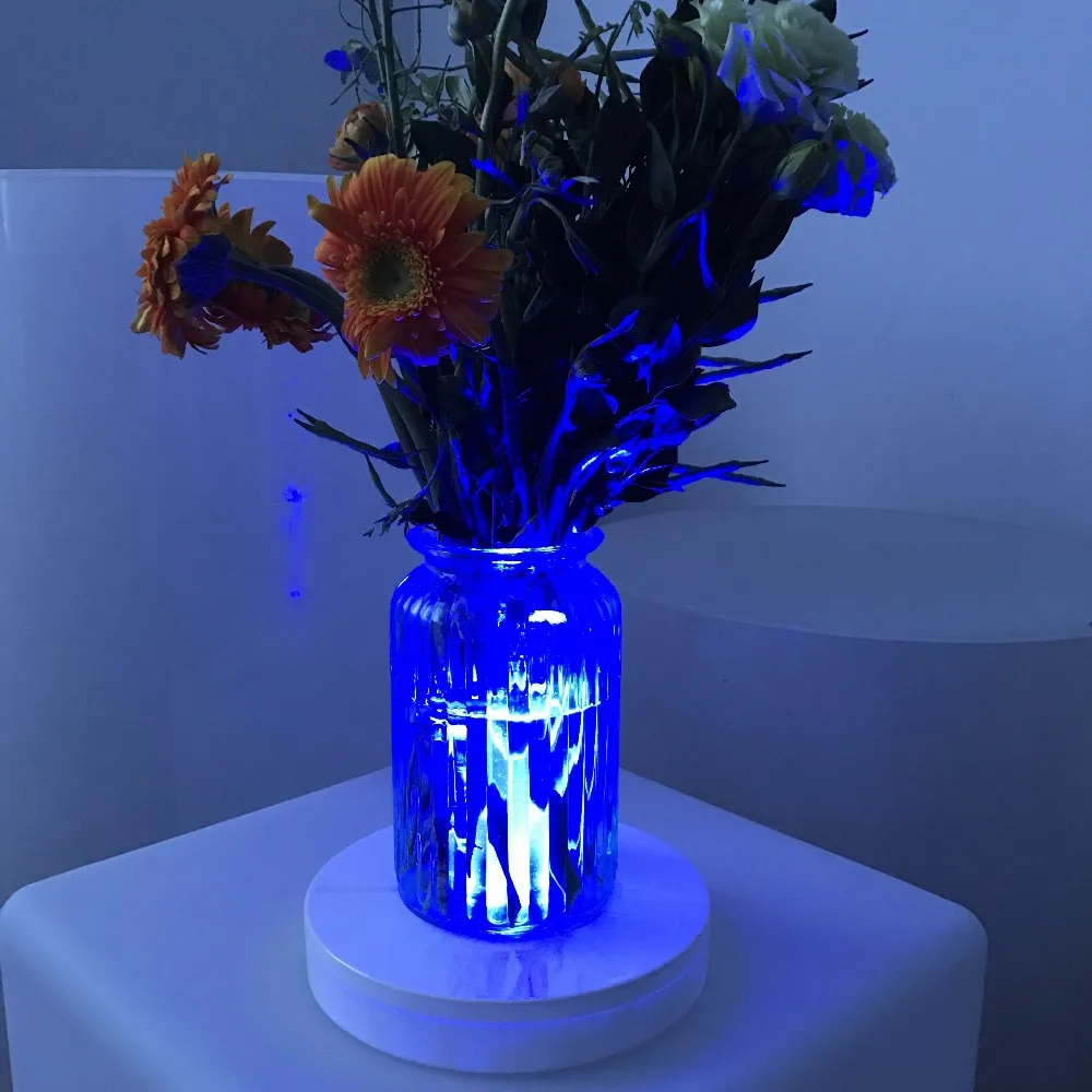 Wedding Favored RGBW Multi-colors 8 inch Spot Round LED Light Rotating Base for Martini Glass Bottle Vases, Crystal, Ice Bucket