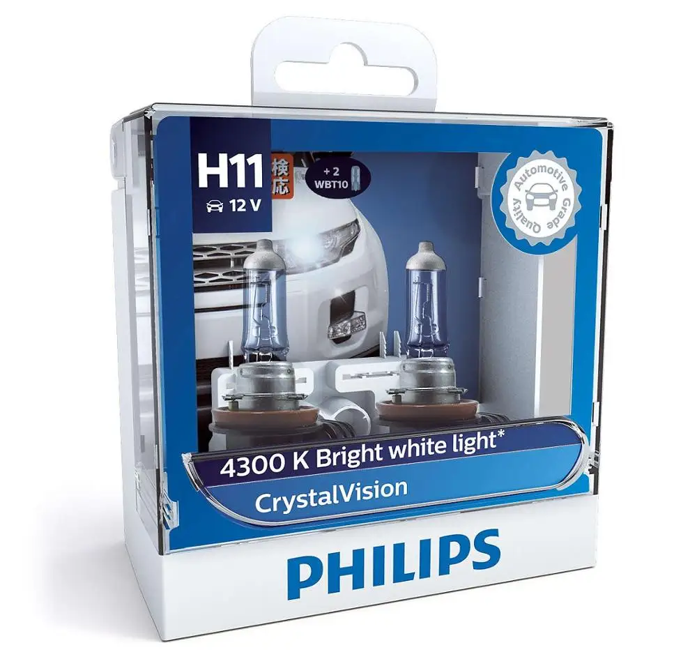 Philips H11 12V 55W Crystal Vision 4300K Halogen Bulbs Bright White Light Car Lamps Stylish Look UV Resistant 12362CVSM, Pai
