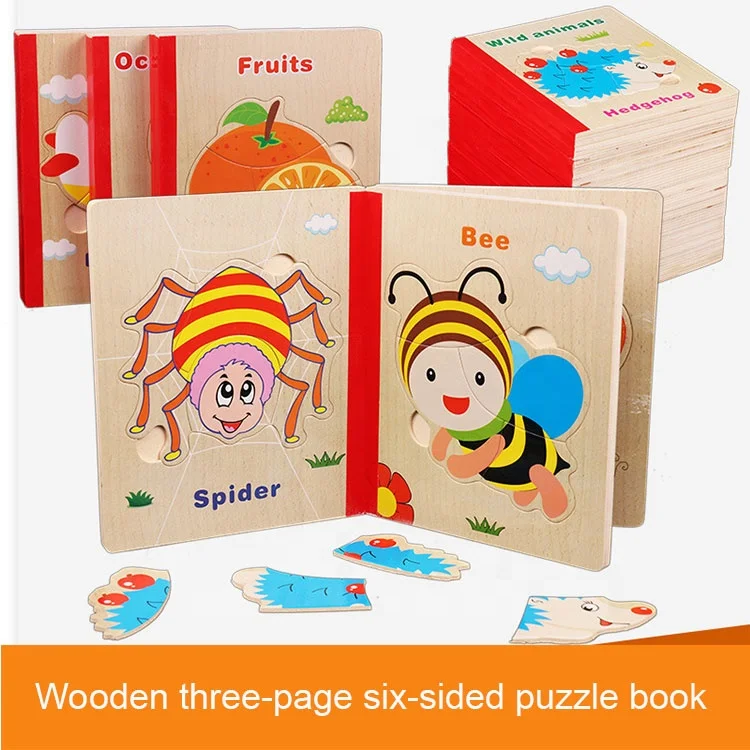 Детская деревянная книга-головоломка Монтессори с персонажами мультфильмов персонажей мультфильмов, 6 страниц, 3D, «сделай сам»