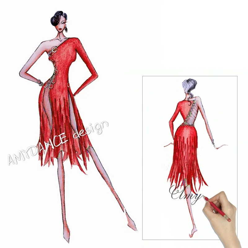 
Sexy one shoulders dew waist split rhinestones girls latin dance dresses competition red latin dance costume 