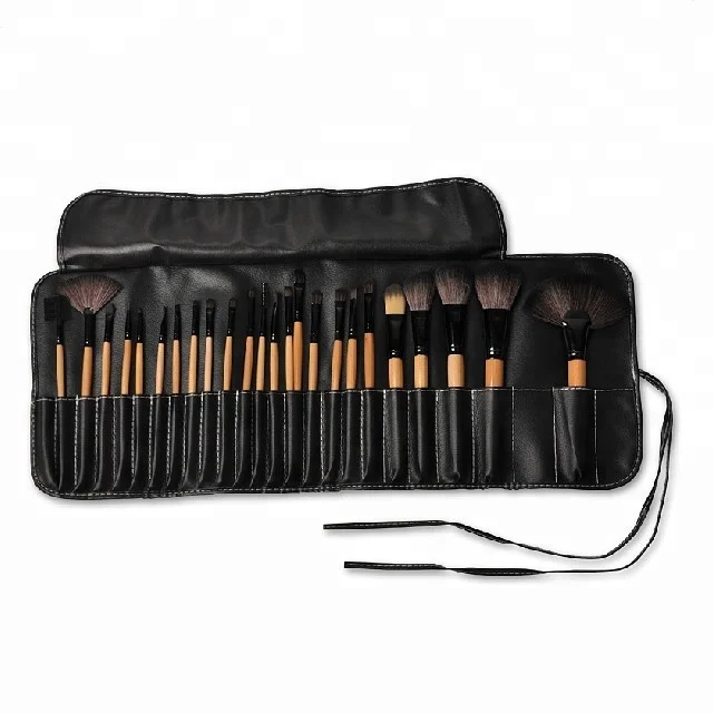 Wood Color 24 PCS Makeup Brush Cosmetic Set Kit Packed Leather Case