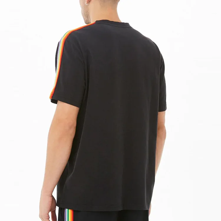 crew neck tshirt 100% cotton wholesale clothing dropped shoulders rainbow stripe trim short sleeve t shirt men
