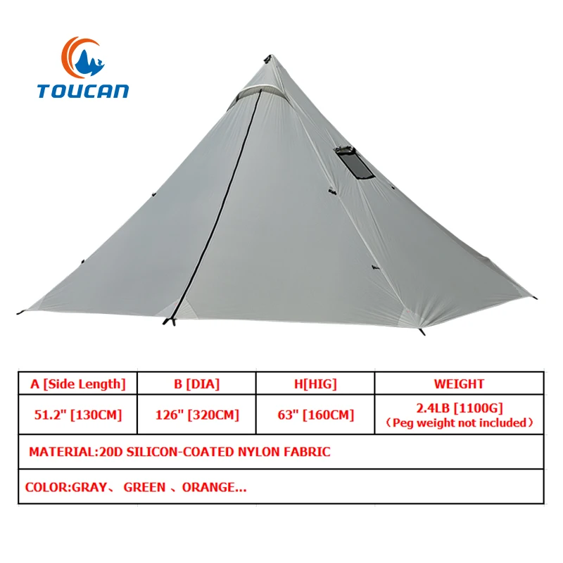 
2-3 People Hiking Outdoor Windproof Ultralight Pyramid Cone Wood Stove Warm Tent 