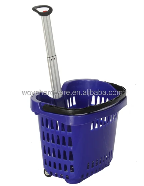 50L aluminum handle plastic shopping basket with 2 wheels