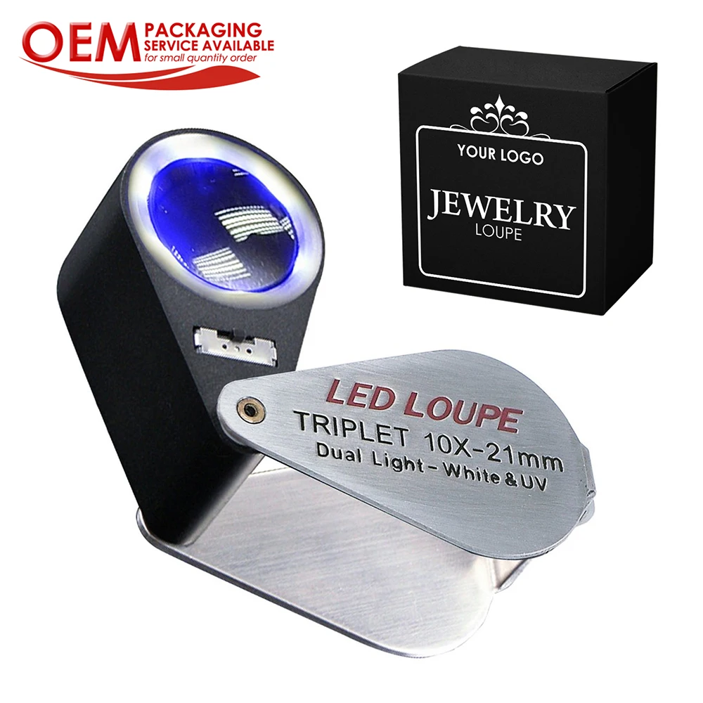 10x складной увеличительное стекло + светодиодный и ультрафиолетовый свет Ювелирная Лупа 21 мм объектив (OEM упаковка доступна)
