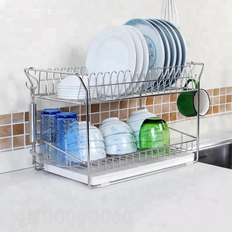 wholesale 2-tier Stainless Steel Kitchen Sinkware Plate Tray Metal Dish Drying Rack With Drip Tray
