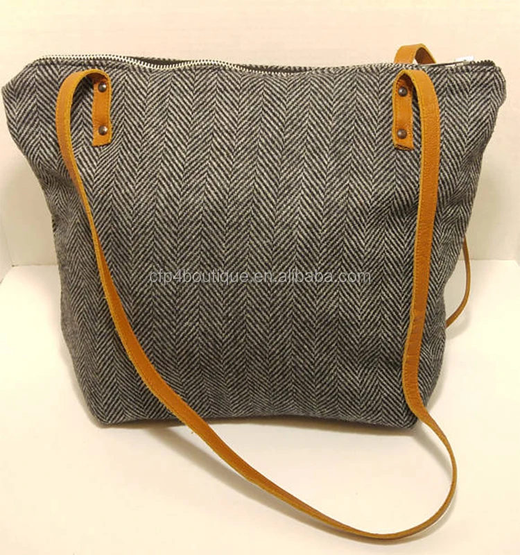 
CFP B623 Wholesale Gray Herringbone Tweed Handbag with Metal Zipper Closure Tweed Herringbone Tote Bag 