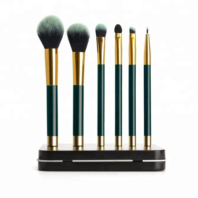 Synthetic Hair Shiny Black Wood Handle Magnetic End 6pcs Makeup Brush Set With Black Metal Case