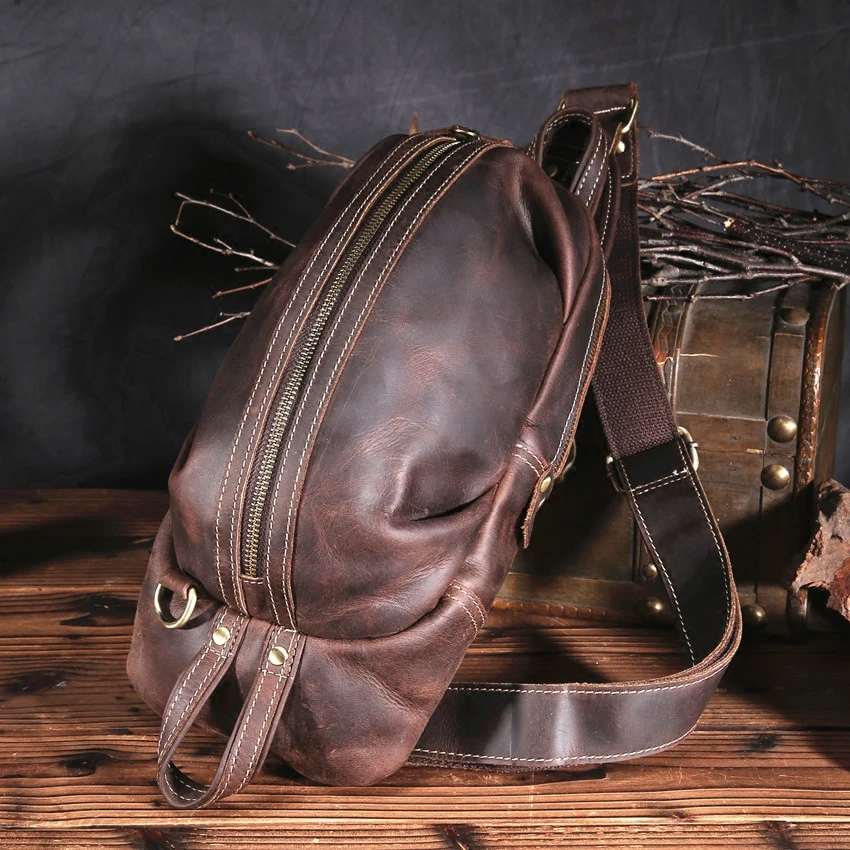 Vintage Crazy Horse Leather Sling Chest Bags Shoulder Fanny Pack Crossbody Bags For Men