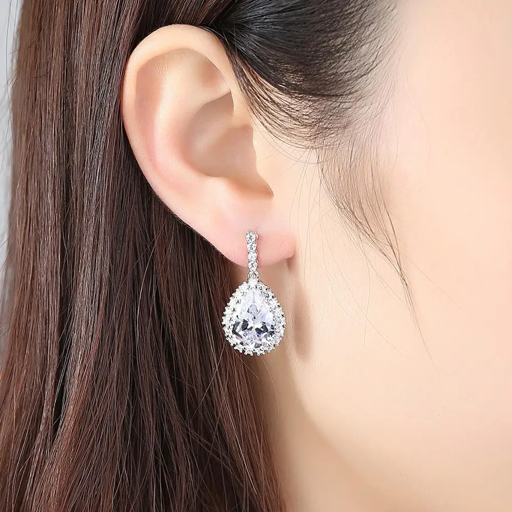 LUOTEEMI Brand Wholesale Luxury Rhodium Plated 3A Cubic Zirconia Tiny Clear CZ Women Wedding Bridal Earrings Waterdrop