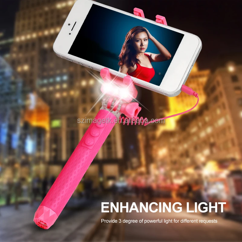 Кратчайший симпатичные карманный Selfie из светодиодов свет вспышки складная проводная монопод Selfie для смартфонов