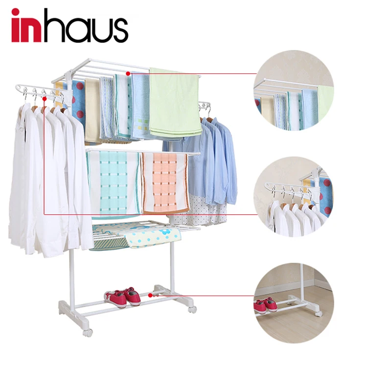 Indoor three layer cloth hanger rack balcony stainless steel laundry drying rack