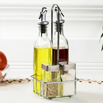 5pcs Glass Cruet Set Glass Salt Pepper Shaker Condiments Bottle Spice Jar Set With Holder