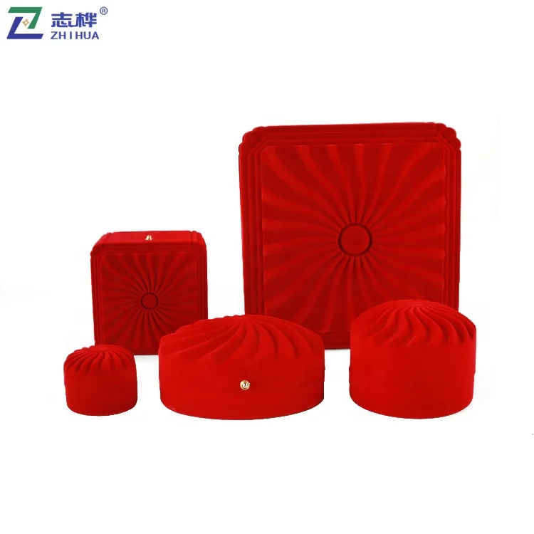 Wholesale Sun Shape Wedding Ring Packaging Red Flocking Jewelry Case Classical Velvet Ring Roll Box With Logo