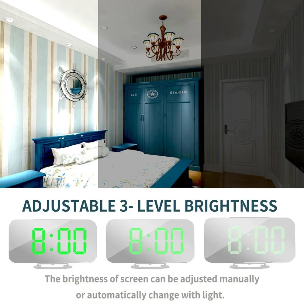 Korea Hot Seller White Digital LED Mirror Alarm Clock 24 hours Desktop Decorative Wall Clock with USB Charger