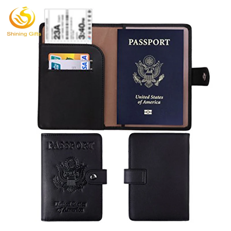 Custom Embossed with RFID Blocking Passport Holder Fancy PU Leather Passport Wallet Cover Case with Button