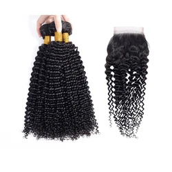 Brazilian Human Hair Weaves Kinky Curly 3 Bundles With Swiss Lace Closure Curly Skin Weft Hair Wave Remy Human Hair
