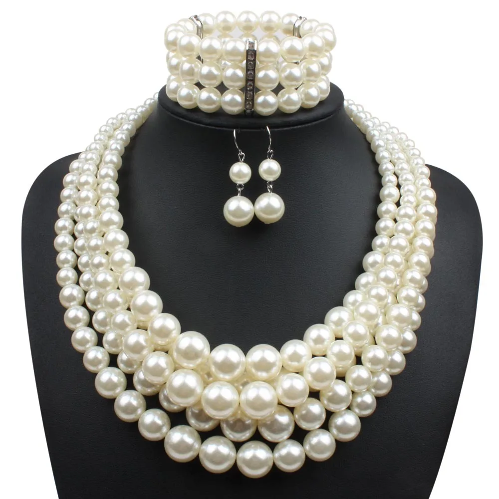 2018 Exaggerated Indian Pearl Choker Sets 5 Color Pearl Beads Necklace Earring and Bracelet Jewellery Sets For Women
