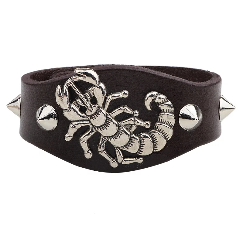LIKA-- Scorpion Charm Sharp Rivet Studded Genuine Leather Bangle Bracelet Men,Custom Leather Bracelet