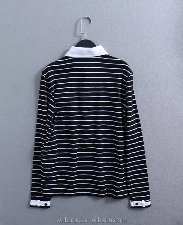 
Black and white double collar shirt for men striped fine knit golf polo shirt for male 