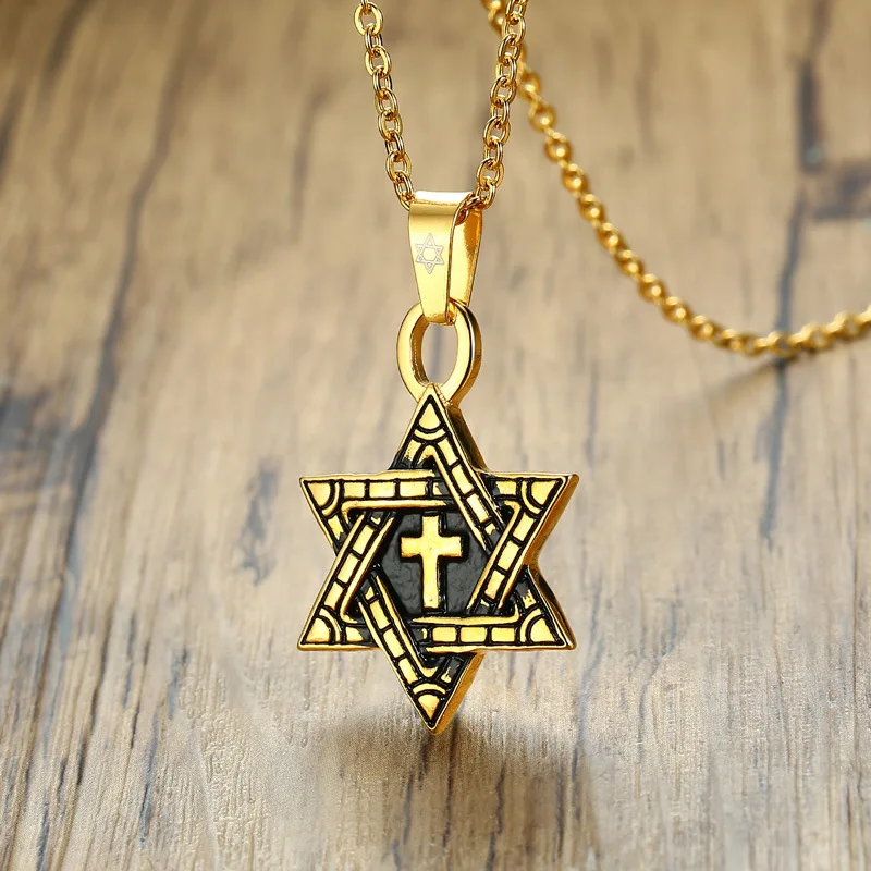 YK Wholesale Jewelry Quality Six Point Star Pendant Stainless Steel Cross Gold Plated Necklace