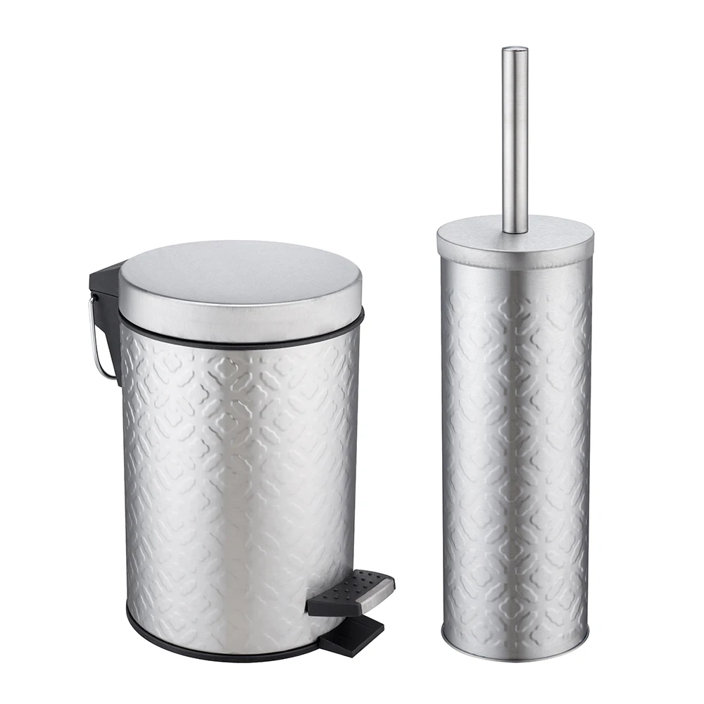 Golden 2pcs bathroom accessories stainless steel bathroom sets metal pedal waste bin with toilet brush holder sets
