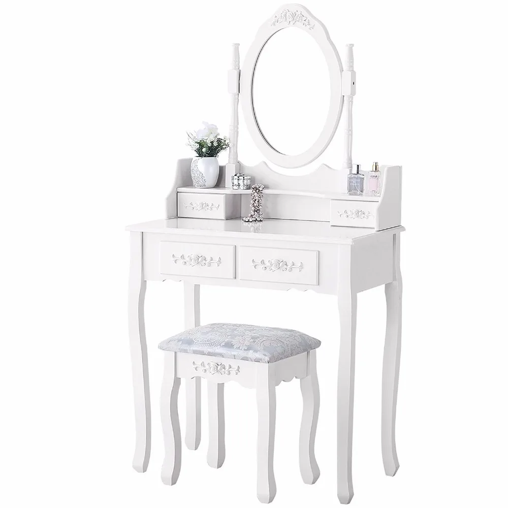Luxury White Dressing Table With Mirror and Stool, vanity table Set 4 Drawers Bedroom Dresser
