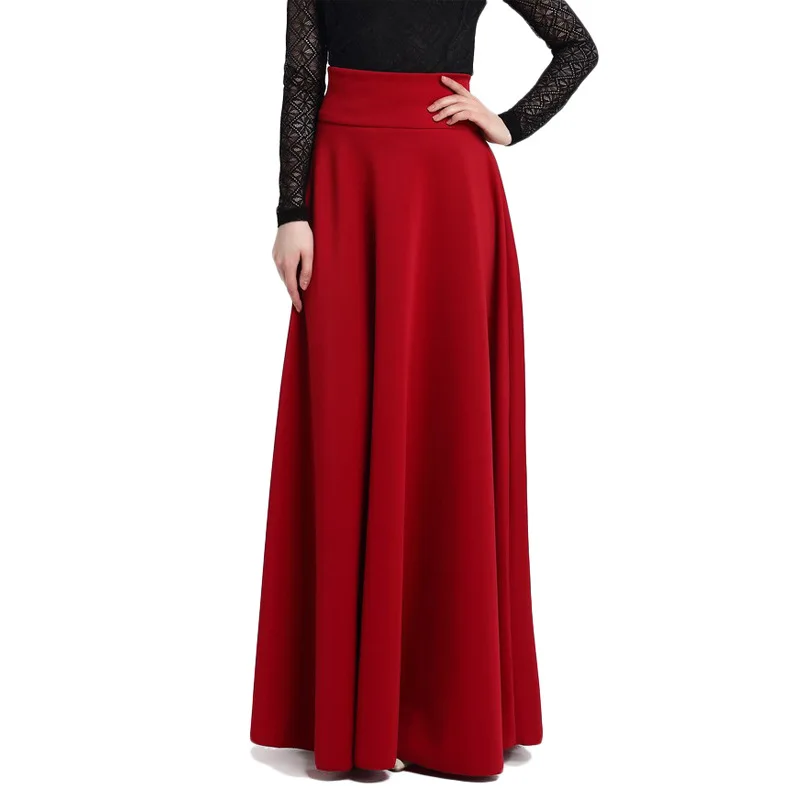 5XL Plus Size High Waist Pleat Elegant Skirt Red Black Blue Solid Color Long Skirts Women
