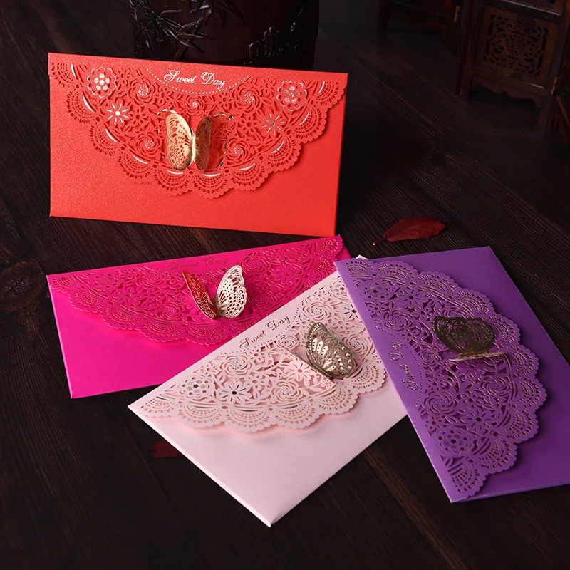 Hollow-out Handmade Laser Cut Wedding Invitations Fancy Invitation Chinese Greeting Cards Red Pocket Custom Bonus