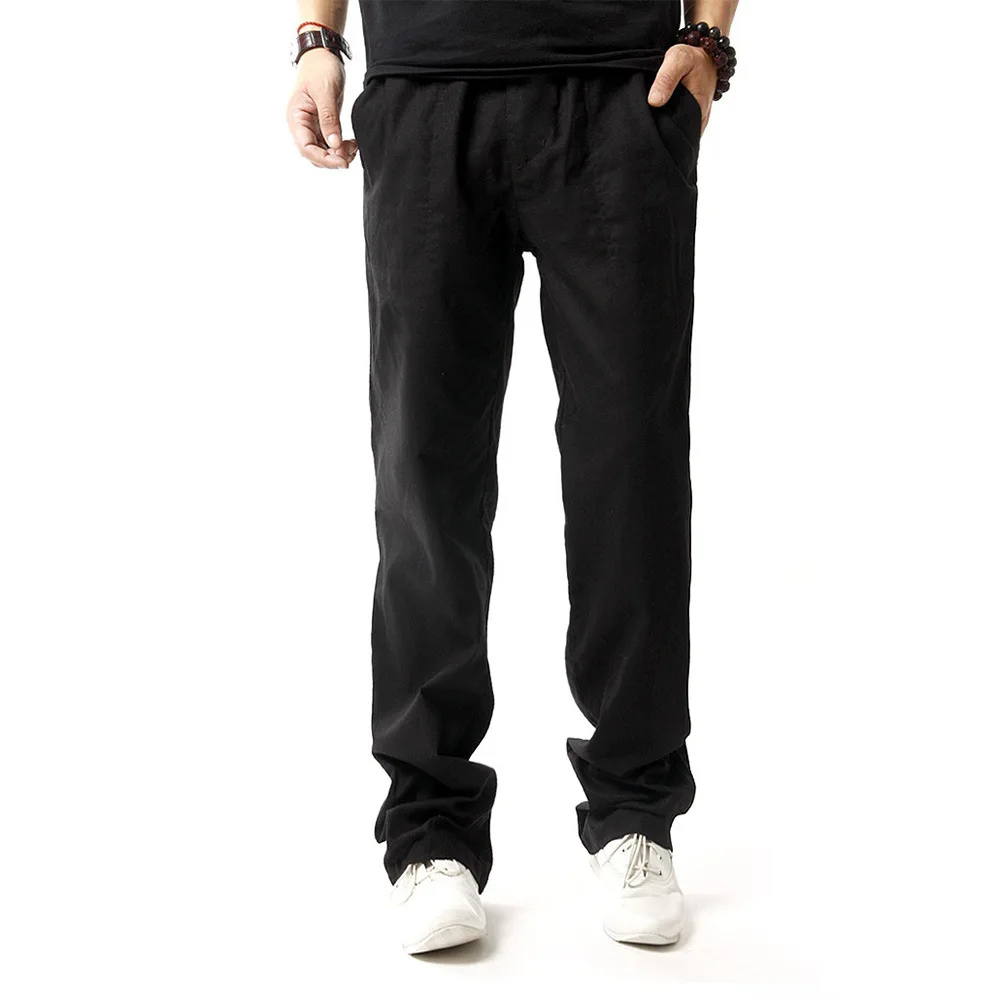 Classic Mens Casual Pants Lightweight Elasticated Waist Linen Trousers