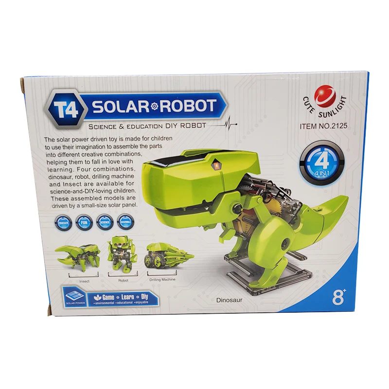Science education DIY robot 4 in 1 solar walking dinosaur robot toy with box package