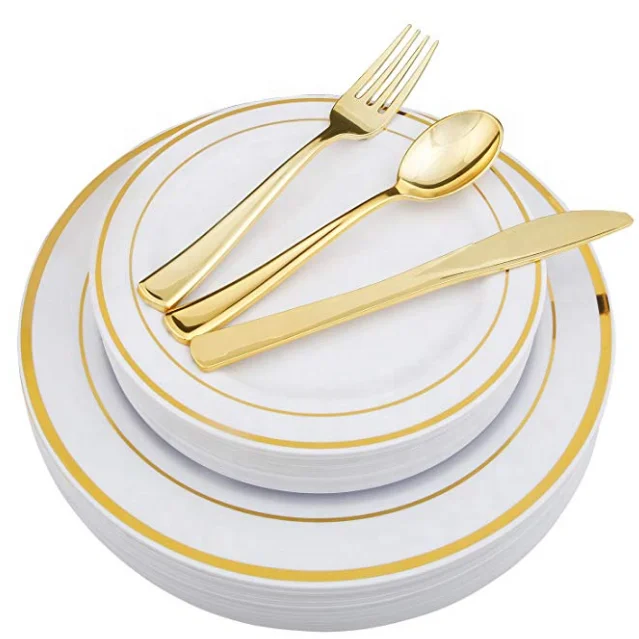 Wholesale Disposable 25Guests Dinner Salad Gold Plastic Plates with Gold tableware