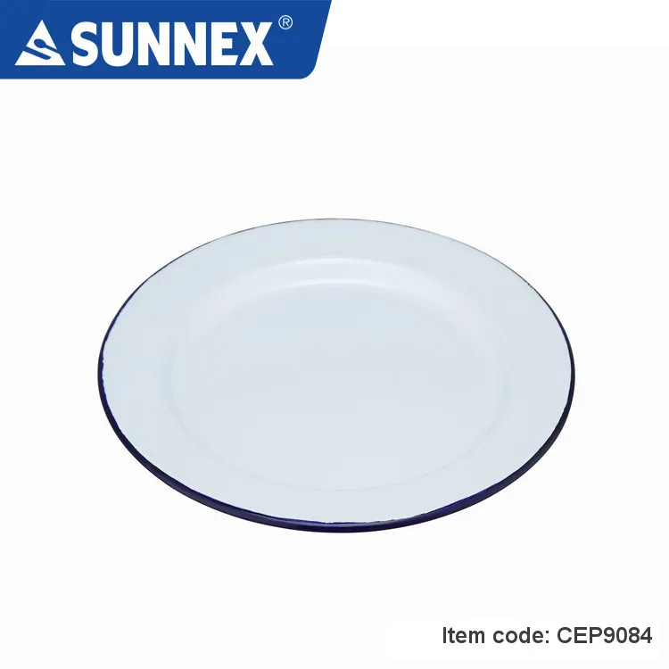 Sunnex Durable Steel Inner Blue Rim White Bowl Plate Cup Dish Mug Enamel Coating Tableware for Restaurant Hotel Crockery