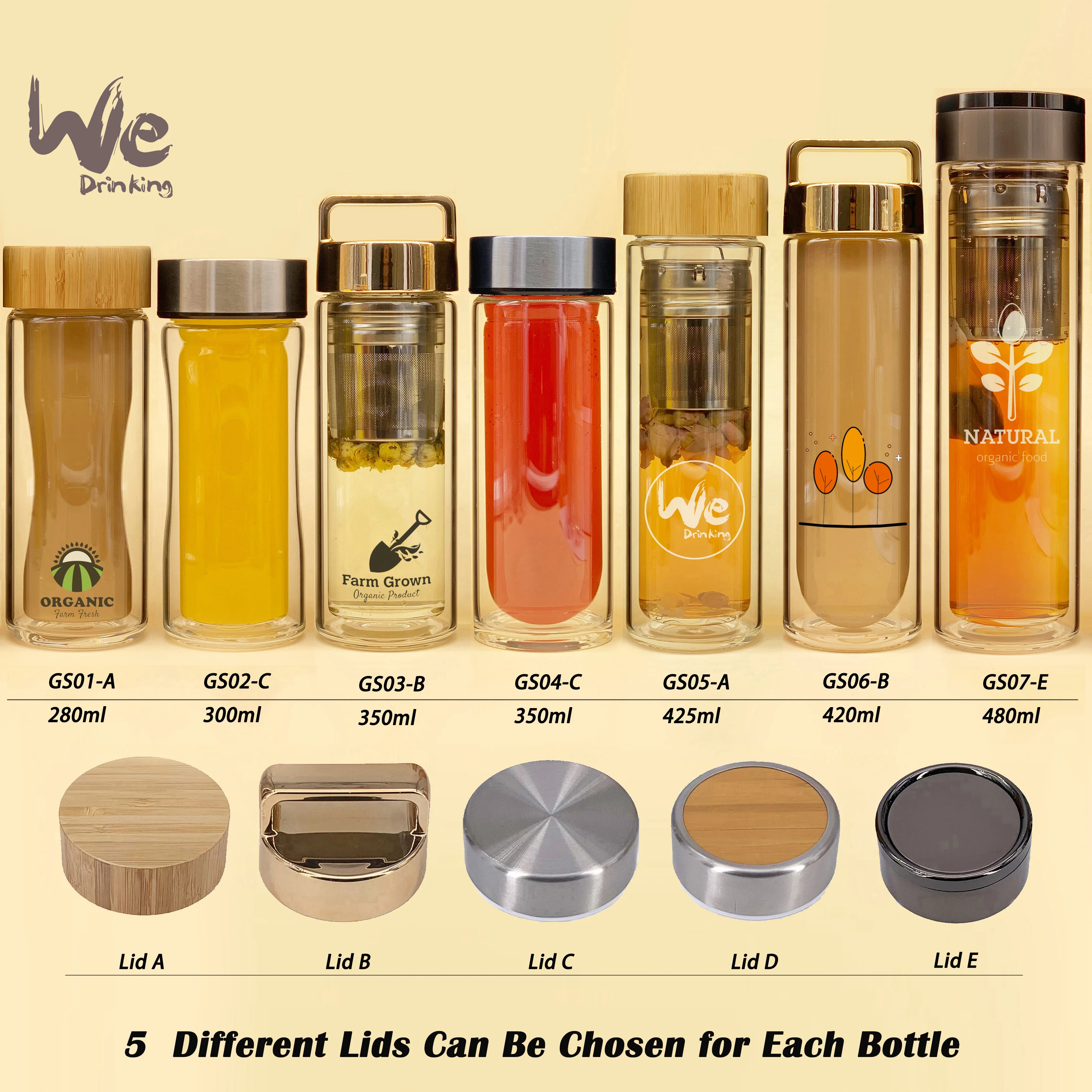 
GS10 400ml Glass Tea Infuser Travel Mug with Strainer and 2 Steel Lids for Loose Leaf Tea Matcha Fruit and Cold Brew Coffee 