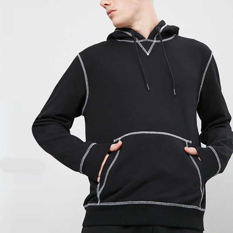 mens pullover hoodie french terry drawstring hood long sleeves ribbed trim topstitching plain hoodies
