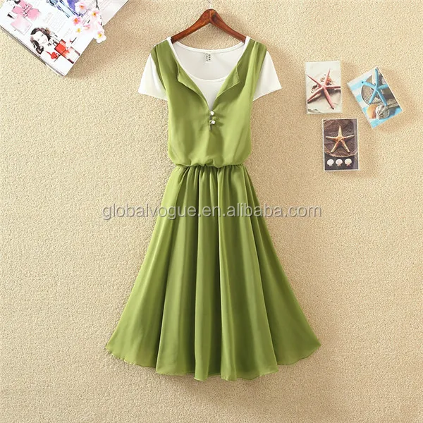 2016 new summer Korean round neck pleated chiffon A-line dress,fake two pieces shortsleeved chiffonwomen fashion dress