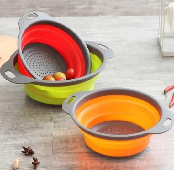 hot sale 2 Piece Folding Round Green Kitchen Colander Set Silicone Vegetable Fruit Basket Strainer
