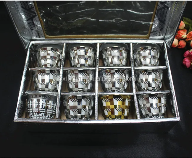 Fine arabic silver and gold plated coffee cup, ceramic coffee cup, arabic coffee cup set