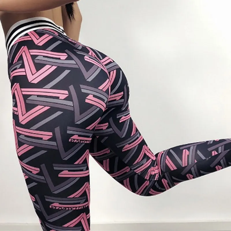 Fashion Striped Print Push Up Slim Jeggings Sporting Pants Fitness Women Yoga Leggings High Waisted Workout Clothing