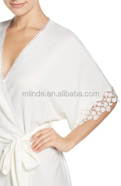Satin robes women silk 100% polyester Lace Crochet Trim Short Robe Sexy Women