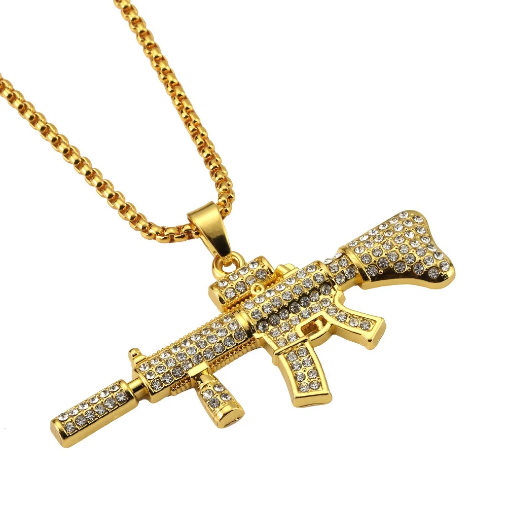 Personalized Rappers Jewelry Bling Hip Hop Iced Out AAA CZ AK47 Carbine Pendant Necklace