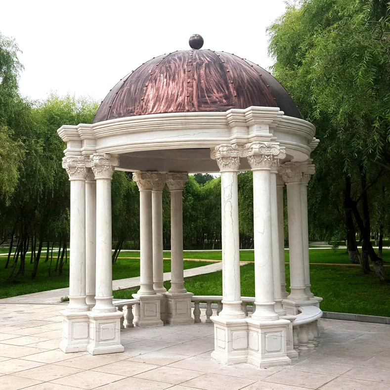 Garden Hand Carved Woman Sculptures Round Marble Gazebo