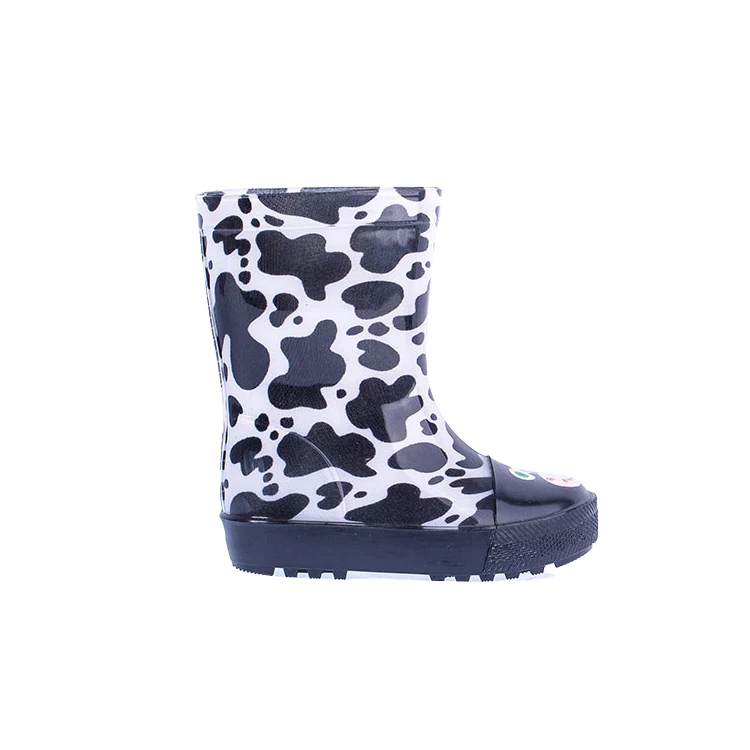 Children lovely pvc rain boot cow printed lining boots for wholesale popular light weight waterproof cheap anti-slip shoes