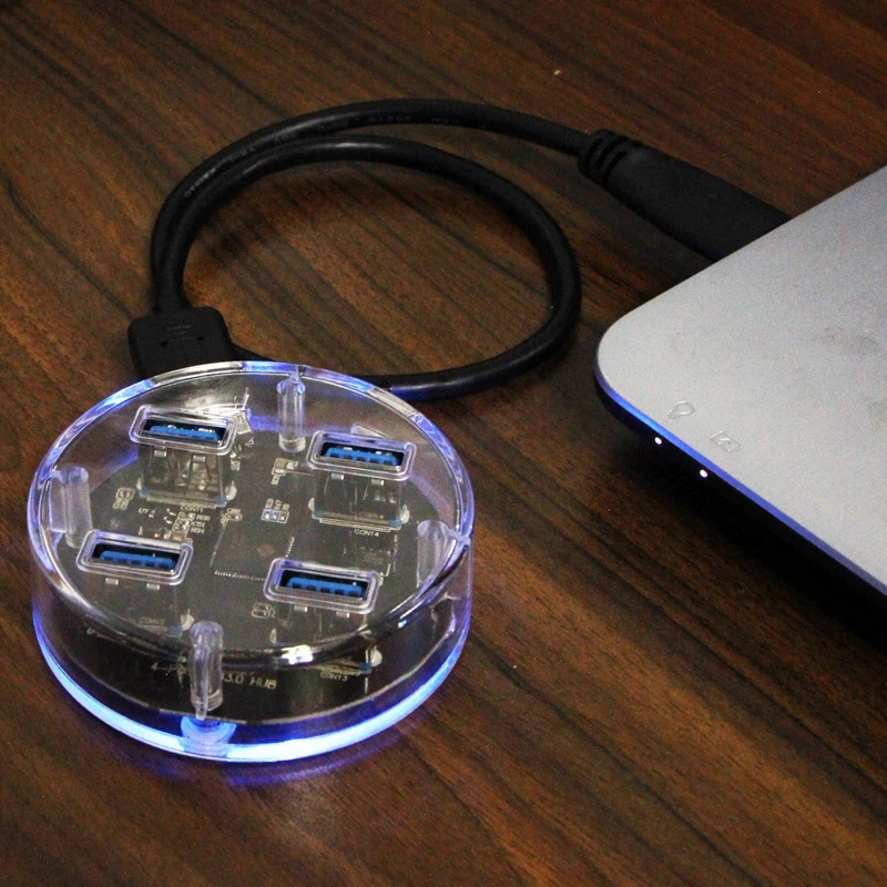 5Gbps speed Round 4 port USB3.0 USB 3.0 Transparent desktop USB hub multi-pronged data and power transmission with blue LED