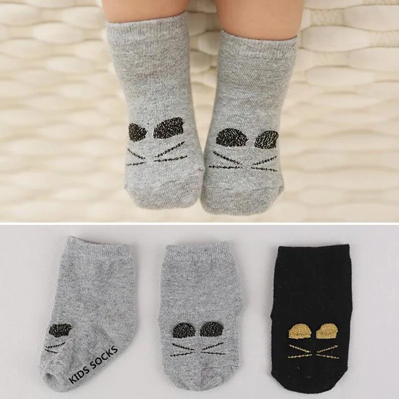 New Cartoon Cat Children Socks Cotton Girls Boys Calcetines Cute Ankle Baby Socks Black Grey for