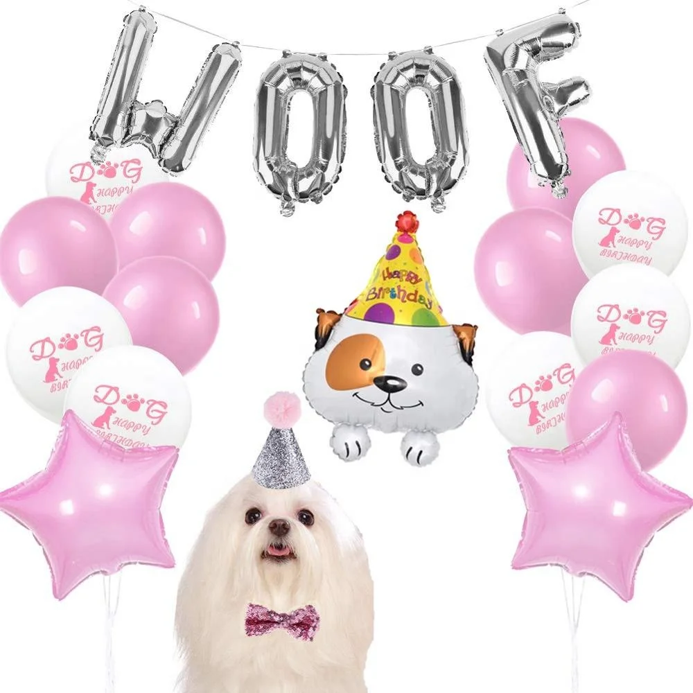 Dog Birthday Party Supplies Dog Hat Bow Tie with WOOF Letter Banner Happy Balloons Outfit Decoration Set