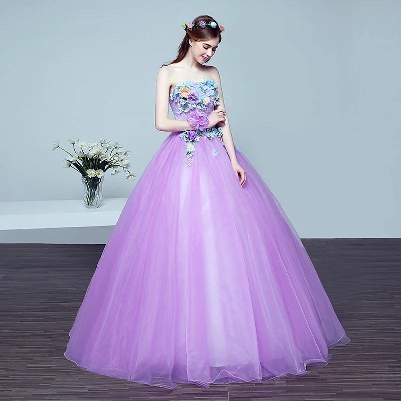 2018 New Korean Style Beaded Flower Purple Colored wedding dress Light blue Princess Wedding Gowns