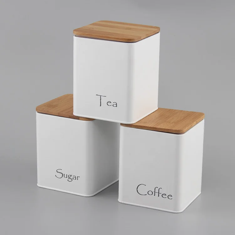 Hot Selling wood cover 3 pcs dry food storage Airtight Metal Tin Iron color Square flour sugar canister sets for kitchen counter